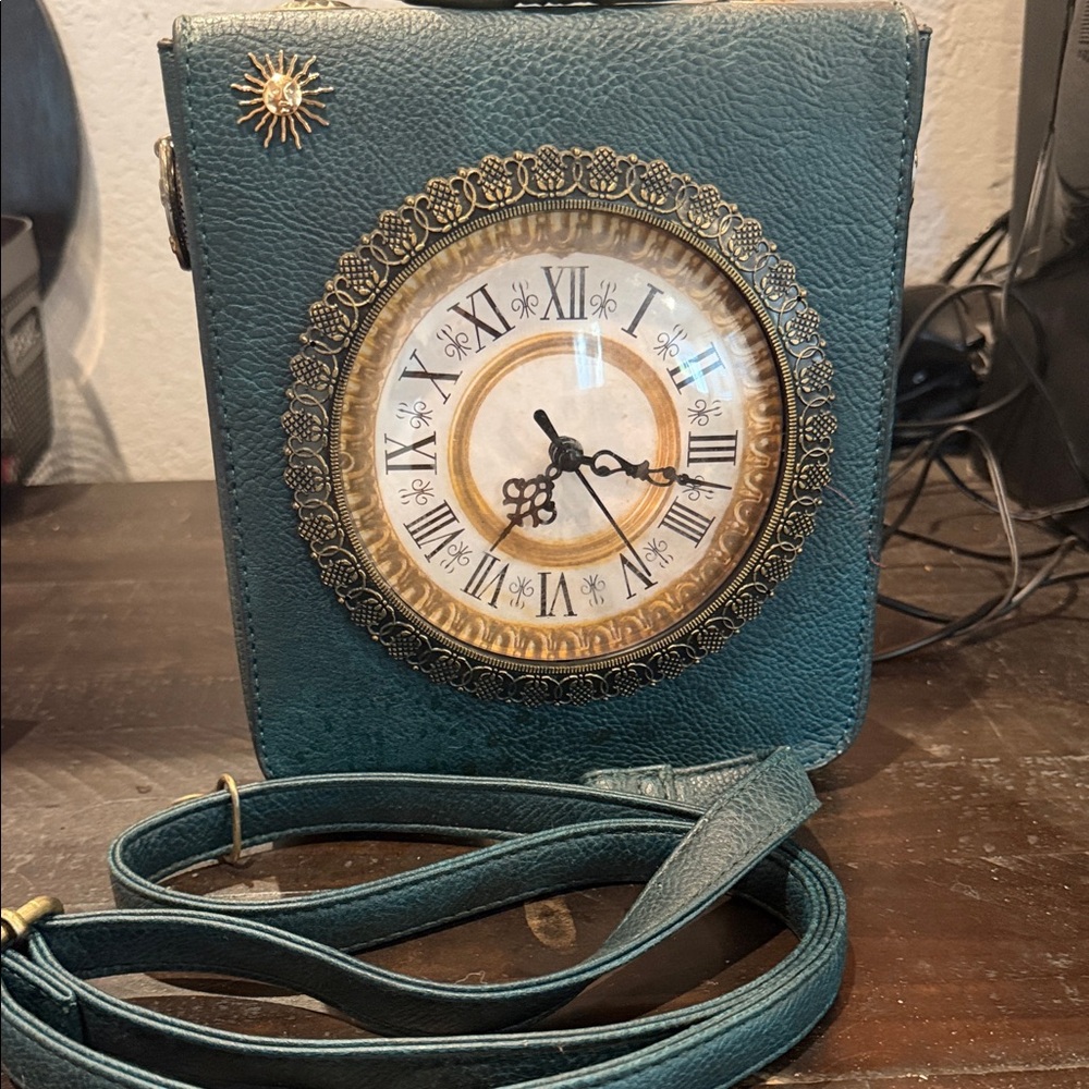 Teal Messenger Bag with Gold Architectural Embroidery